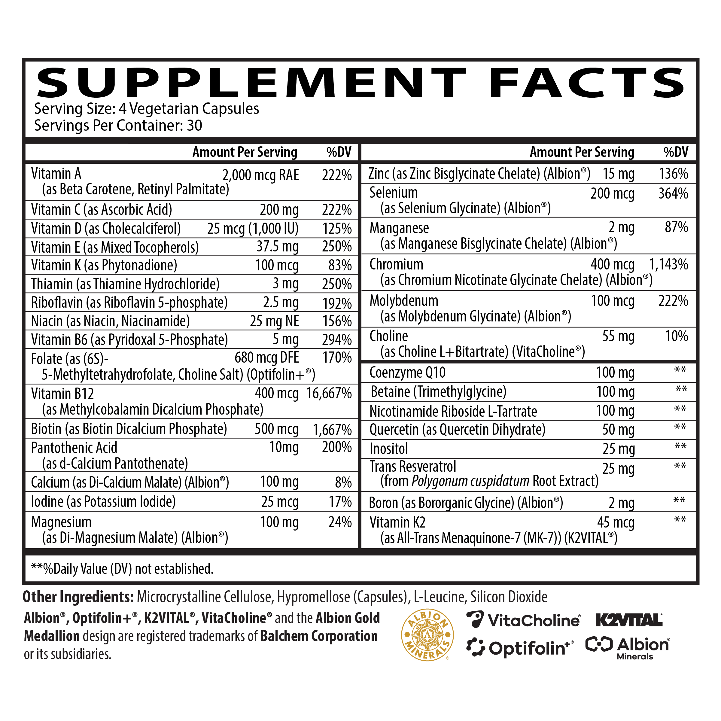 Longevity Multi supplement facts